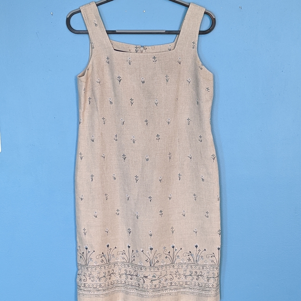 Charter Club Tan Linen A Line Floral Dress Petite